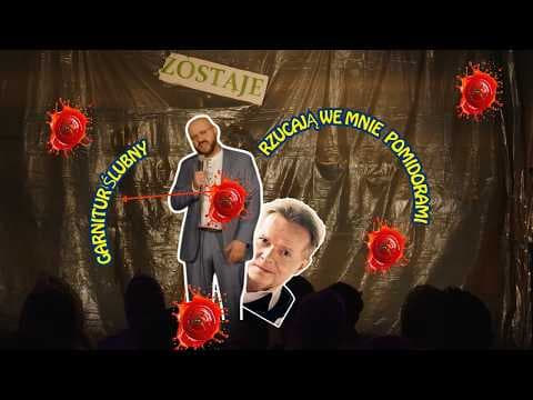 Garnitur ślubny obrzucony pomidorami, przy śpiewaniu Michała Bajora - stand up / Wieczór pomidorów